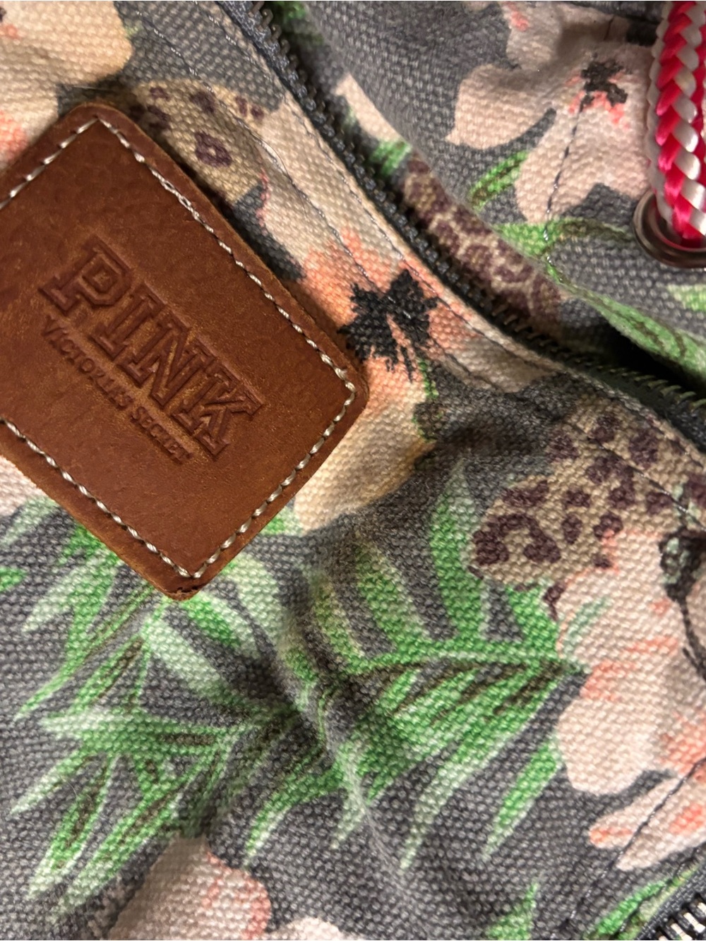 PINK Victoria's Secret Gray Floral Canvas Backpack with Green Leaves
